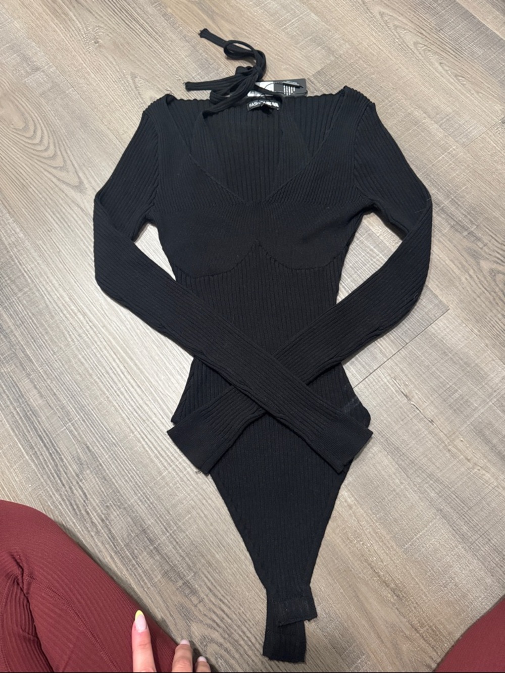 Fashion Nova Black Ribbed V-Neck Bodysuit